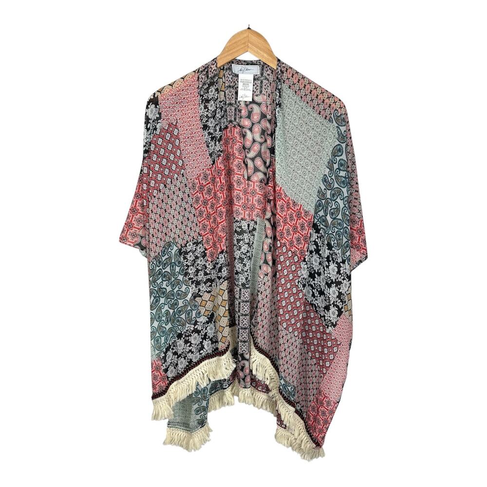 Libby Edelman Patchwork Paisley Floral Boho Kimono Tassel Fringe OSFM